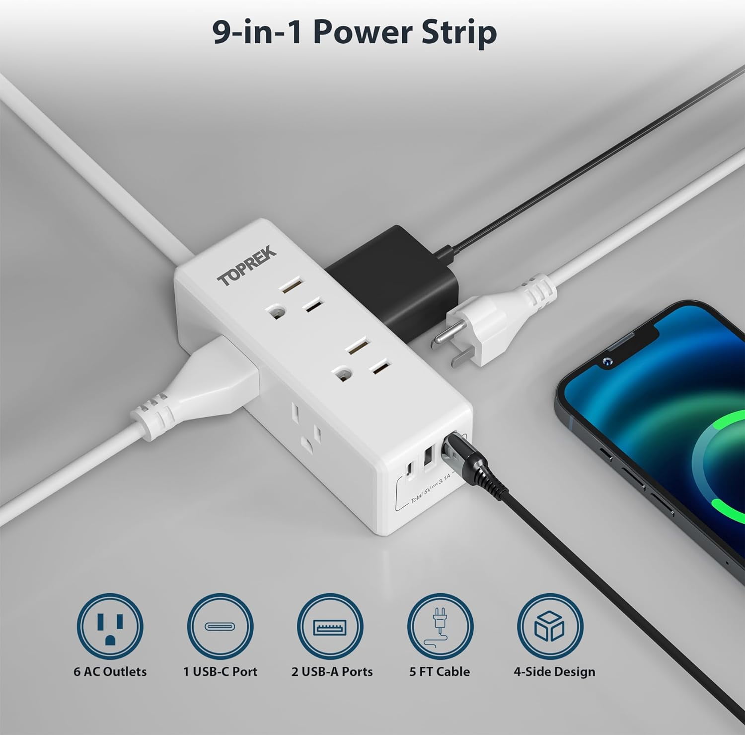 RGHJAR-2 Prong Power Strip, 2 Prong to 3 Prong Outlet Adapter, 1440J 2 Prong Surge Protector with 6 Outlets & 3 USB, 5FT 2 Prong Extension Cord with Swiveling Flat Plug, Ideal for Non-Grounded Outle
