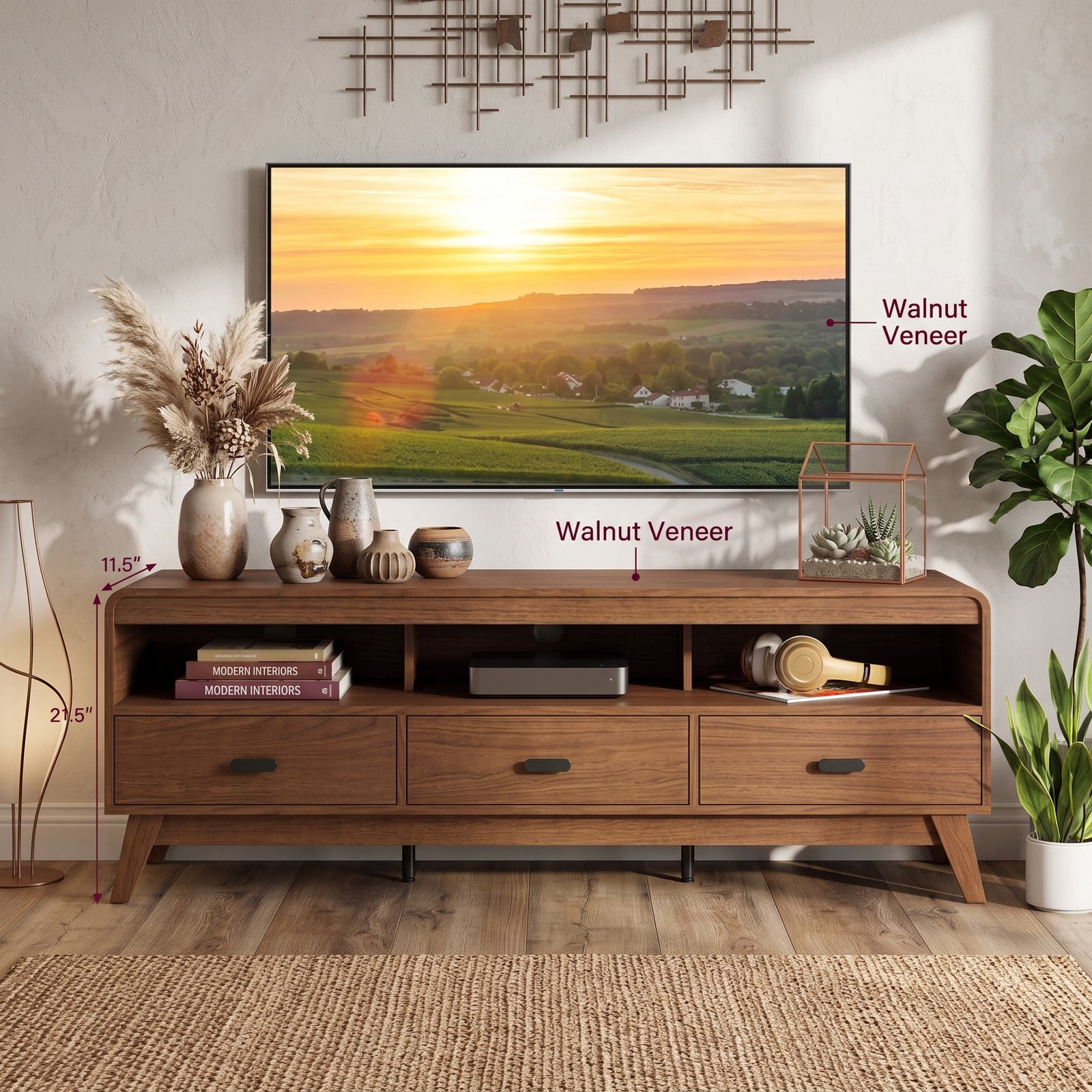 Furnibear Mid Century Modern TV Stand for TVs up to 70 Inch, Wood Entertainment Center Media Console with 3 Storage Drawers and Open Shelves for Living Room, Walnut