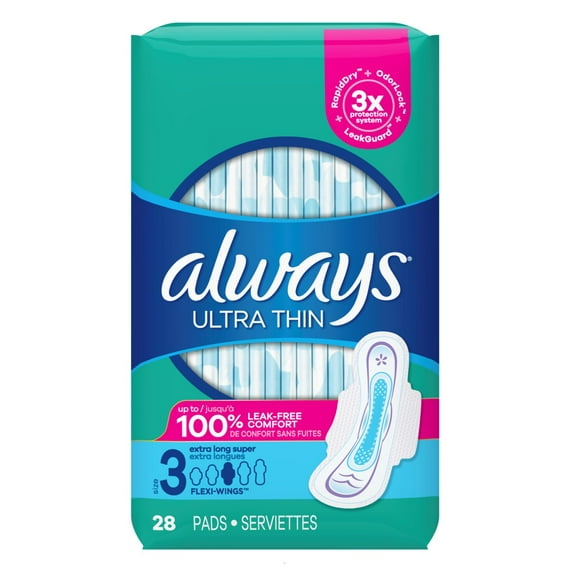 Always Pads Size 3 Ultra Thin 28 Count Extra Long Super (Pack of 2)