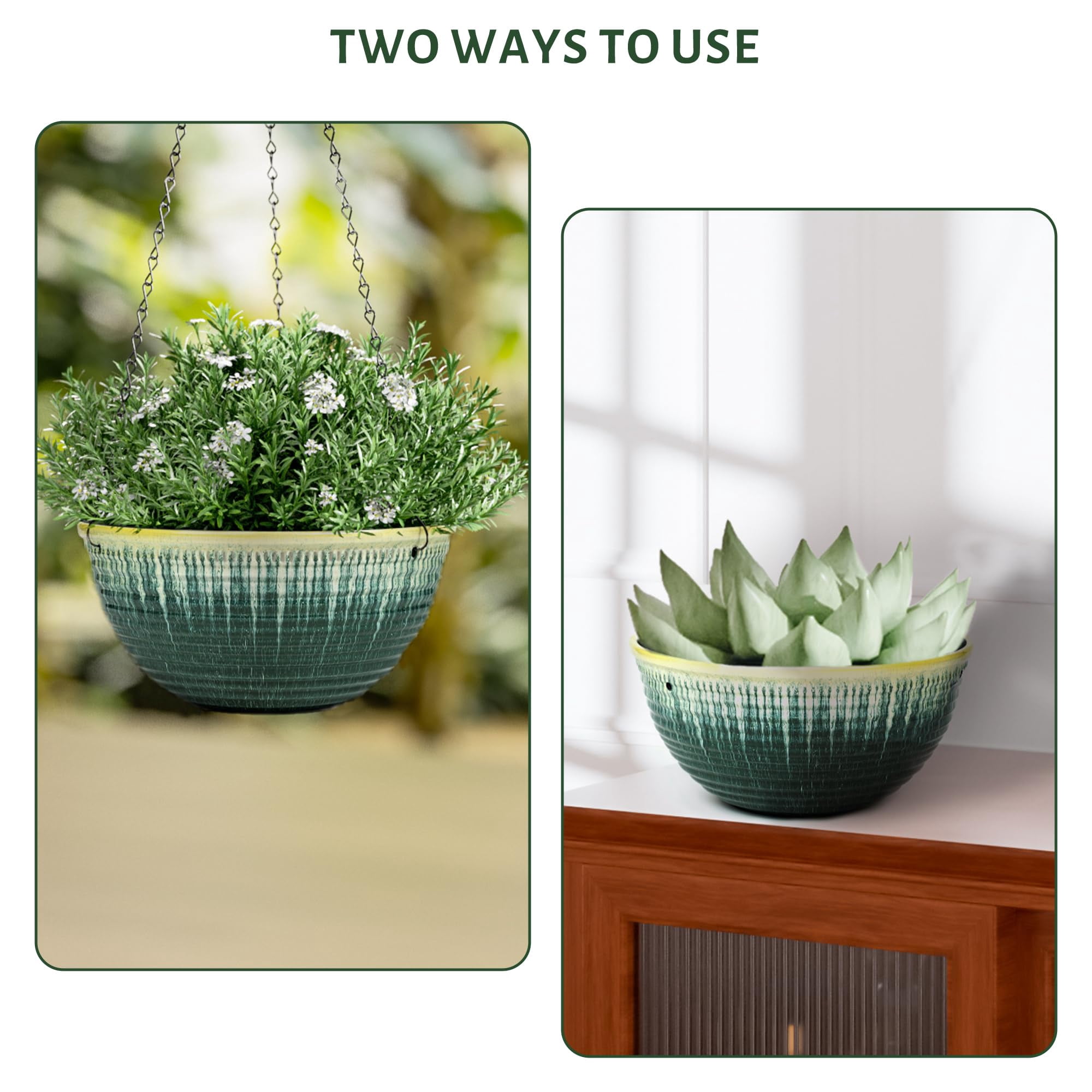 2 Pack Hanging Planters for Indoor Outdoor Plants, 10 Inch Hanging Planter with Drainage Hole & Plug Glazed Hanging Baskets Flower Pots for Garden Home (Green Glaze)