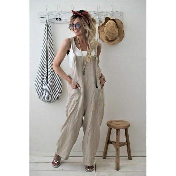 AMERTEER Pudcoco Pantalon Décontracté Ample en Lin pour Femmes US Combinaison en Coton à Bretelles Pantalon Sarouel Salopettes