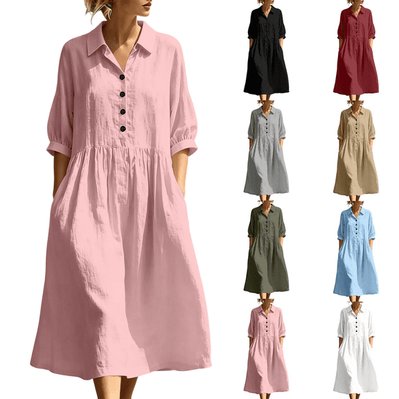 Zeijnsda Womens Long Dresses Spring Summer 3/4 Sleeved Shirt Dresses Lapel Button Maxi Shirt Dresses Solid Color Cotton-Linen Midi Dresses for Casual Daily Outfit