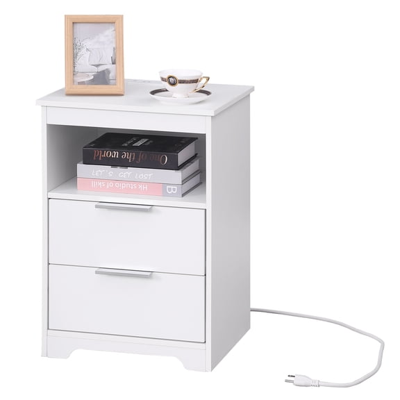 Nightstand With Charging Station White Wooden End Table For Bedroom Featuring Two Drawers And Open Shelf Side Table With Electrical Outlet And Usb Ports