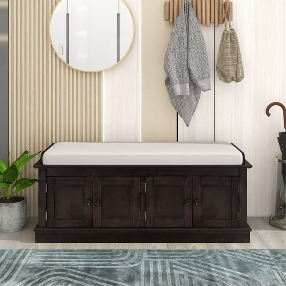 Storage Bench with 4 Doors and Adjustable Shelves, Wood Shoe Bench with Removable Cushion for Living Room, Entryway, 42.7”L x 16”W x 17.4”H, Espresso