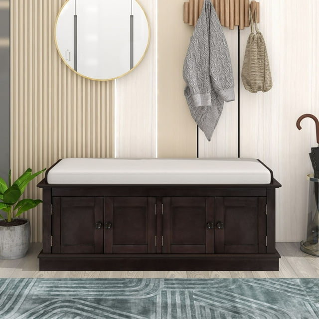 Velmero - Storage Bench with 4 Doors and Adjustable Shelves, Shoe Bench with Removable Cushion for Living Room, Entryway