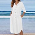 thumbnail image 2 of Robes Décontractées pour Femmes, Couleur Unie, Boutonnée, Col en V, Col à Revers, Robe Midi, Manches Longues/courtes, Robe Chemise avec Poches, 2 of 7
