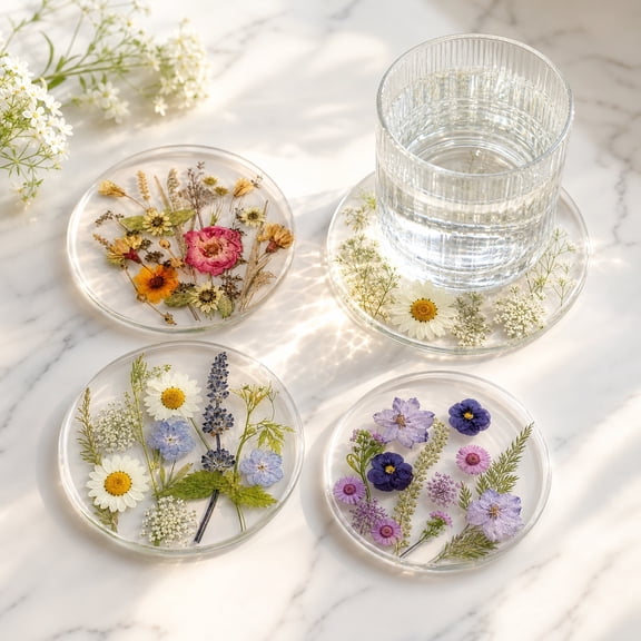 4 Pcs Acrylic Drink Coasters Flower Cup Mat Round Coasters with Colorful Floral Reusable Cute Coaster for Drinks Coffee Table Wooden Desks Kitchen Bar Mugs 3.94inch