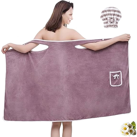 Plus Size Women'S Wearable Towels For Women, Shower Wrap Towel For Women,Ultra Absorbent Twist Hair Turban Drying Cap Hair Wrap, Travel & Bathroom Essential（Purple*Medium)