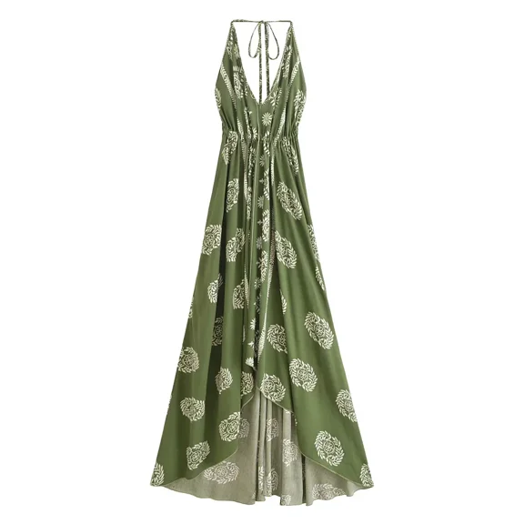 Women Floral Print Backless Sexy Beach Bohemian Maxi Dress Lady High-Low Tassel Strapless Vacation Boho Dress