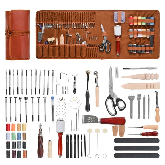VEVOR Leather Working Tools Kit, 92 PCS Leather Craft Tools with Portable Leather Storage Bag, Engraving Punching Sewing Stamping Sanding Tools, Ideal for Beginners DIY Enthusiasts and Professionals