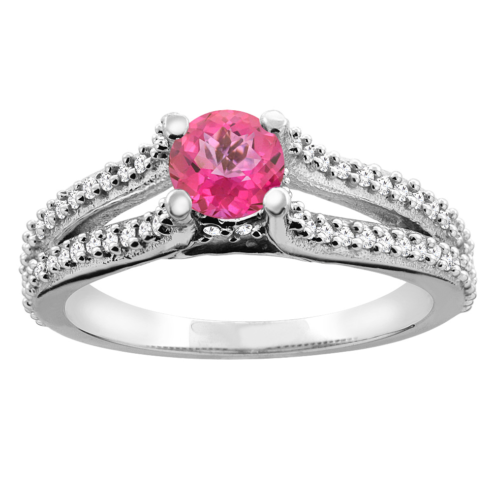 14K White Gold Natural Pink Topaz Engagement Split Shank Ring Round 5mm Diamond Accents, size 5 by Gabriella Gold