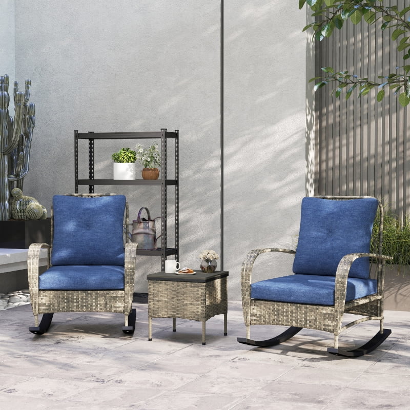 HOQBN 3 Piece Wicker Patio Furniture Set, Outdoor PE Rattan Rocking Chairs with Coffee Table, Cushions for Porch, Gray