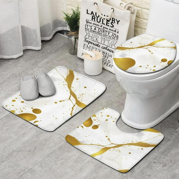 White Gold Marble Pattern Bathroom Rugs Sets 3 Piece,Toilet Cover Set,Absorbent Non Slip Bathroom Mats Sets with U-Shaped Contour Rug Toilet Rug Set
