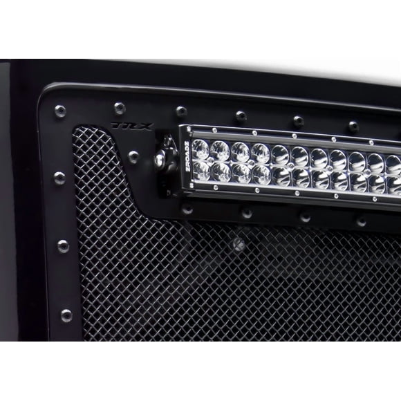 T-Rex Truck Grille Insert 6319491-BR STEALTH Torch Series; Overlay; Mesh Style; With One 20 Inch LED Light Bar; Powder Coated; Black; Steel; With Bumper Grille Insert/Black Studs And Wiring Harness