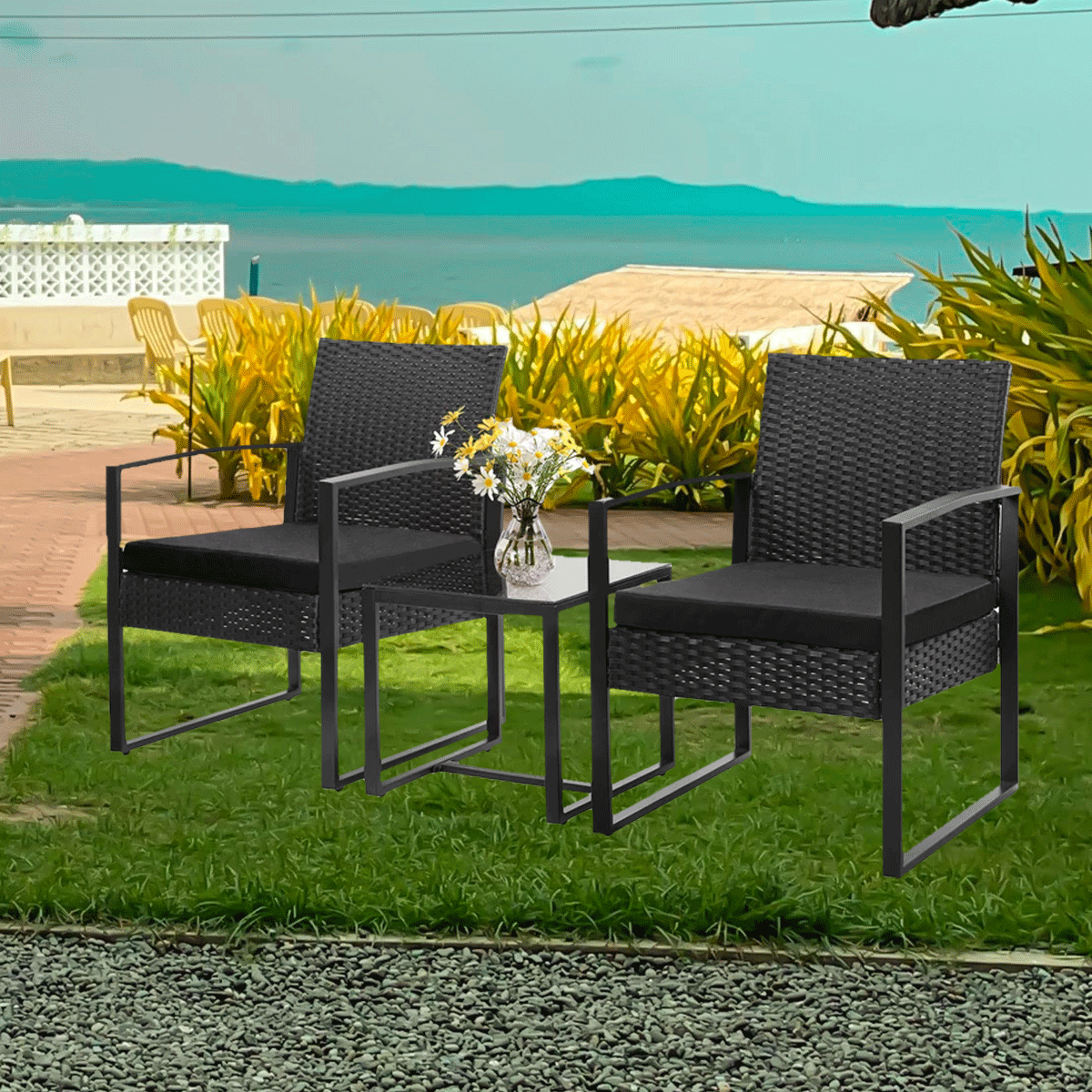3 Pieces Patio Porch Furniture Set, Set of 2 Outdoor Wicker Rattan