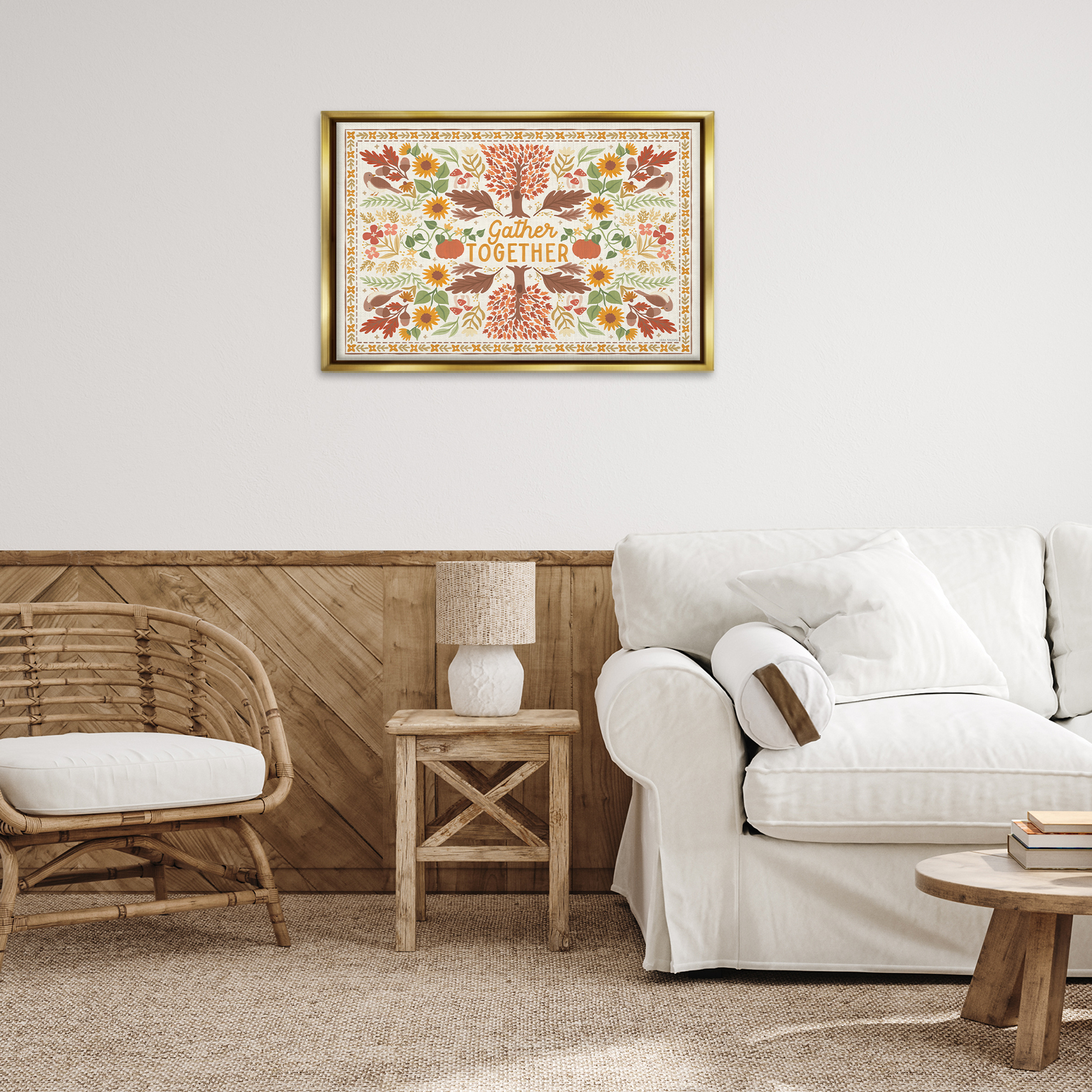 Stupell Industries Gather Together Pattern Landscape Painting Gold Floater Framed Canvas Art Prints Wall Art, 31 x 21