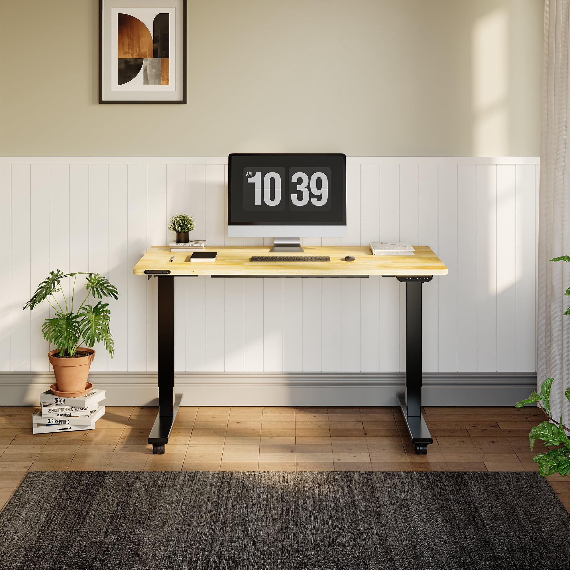 FLEXISPOT E6 48"x24" Dual Motors 3-Stage Standing Desk Solid Wood Home Office Height Adjustable Desk with Wheels, Solid Rubber Wood Desktop and Black Frame