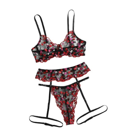 

BIZIZA Women s Bra and Panty Set with Garter Belt Lace Babydoll 3 Piece Sexy Heart Print Lingerie Sets Black S