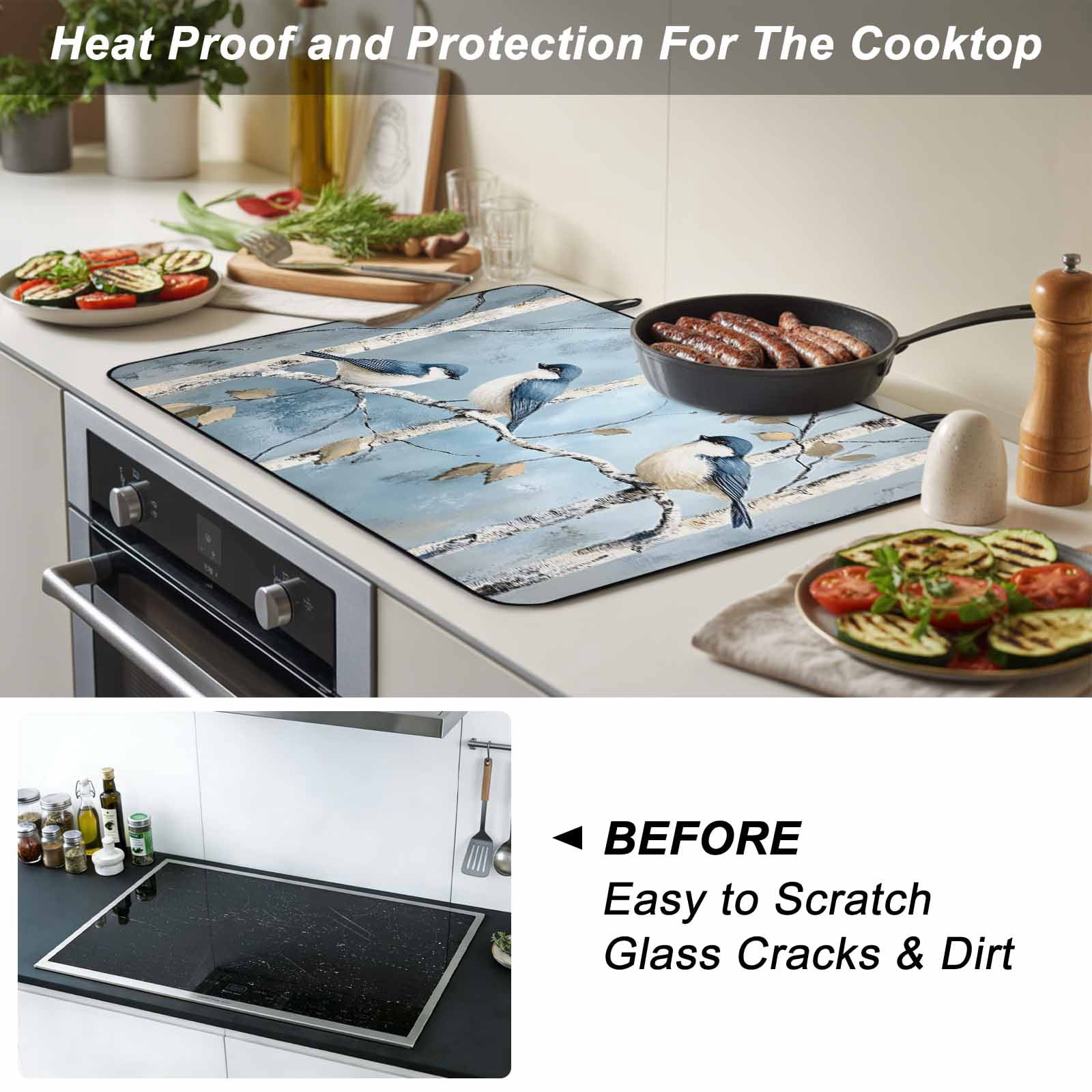 Oil Painting Birds Stove Top Cover for Electric Stove, Heat-proof & Non Slip Glass Top Stove Cover Protector, Vintage Animals Branches Kitchen Flat Cooktop Rubber Mat 31x24 Inches