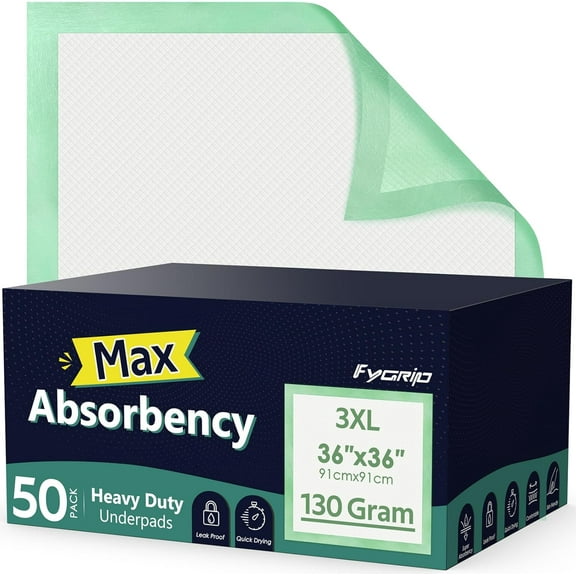 50 Count Hospital Grade 130 Gram 36” x 36” Max Absorbency Disposable Underpads, Leakproof Quick Drying XXXL Bed Pads Disposable for Adults, Kids, Pets Incontinence Pads, Pee Pads