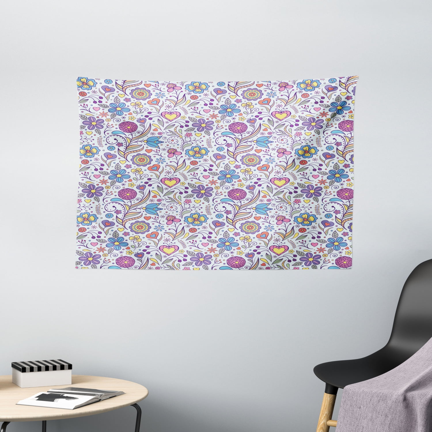 Pastel Tapestry, Peonies Daisies Tulips Colorful Doodle Style Cute ...