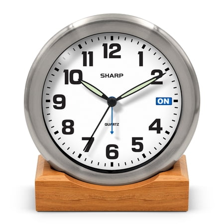 Sharp Silent Sweep Non-Ticking Analog Alarm Clock, Brushed Metal Desk or Wall Clock with Genuine Wood Stand, Alarm On Indicator, Luminous Hands, Battery Operated