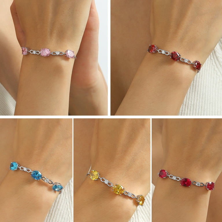 October Birthstone Bracelet 925 Sterling Silver Oval Tourmaline Bracelets Pink Jewelry Women Mother Girls Christmas Birthday Gifts