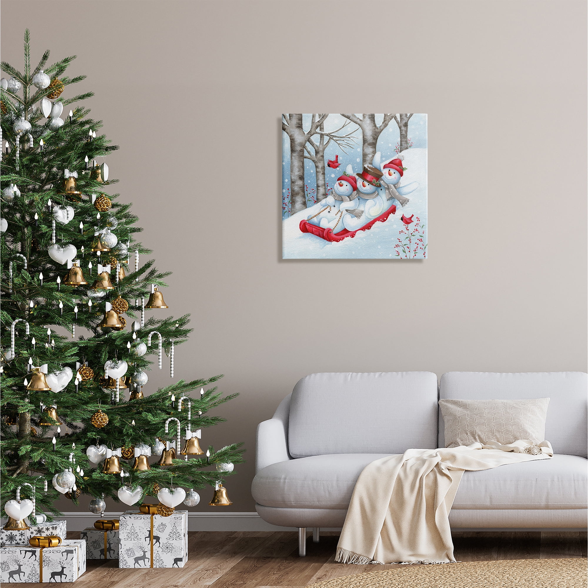 Stupell Industries Happy Snowman Trio Sledding Holiday Painting Gallery Wrapped Canvas Art Print Wall Art, 24 x 24
