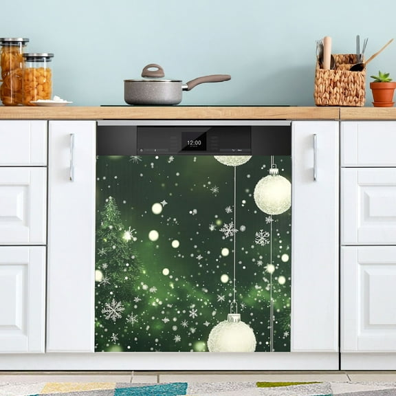 Dishwasher Sticker Dishwasher Cover Magnet Refrigerator Home Decorative Art Kitchen Panel Decal Christmas Elements Green Background 23x26 Inch