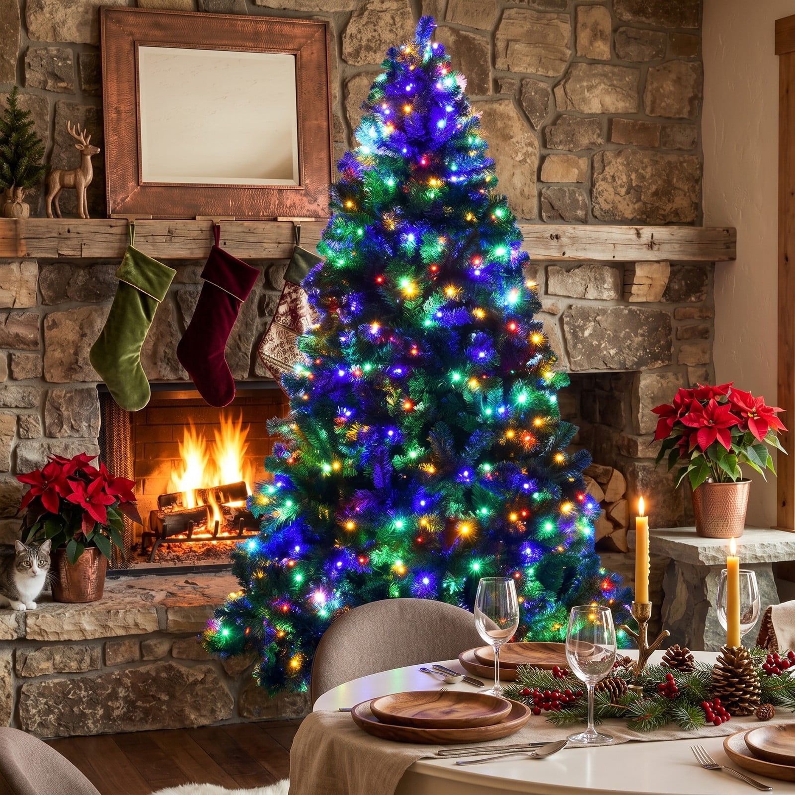 RUIE 7.5 FT Pre-Lit Artificial Spruce Christmas Tree with 550 Multicolor LED Lights and 1075 Branch Tips, Auto-Spread Metal Stand for Indoor Holiday Festival, Green