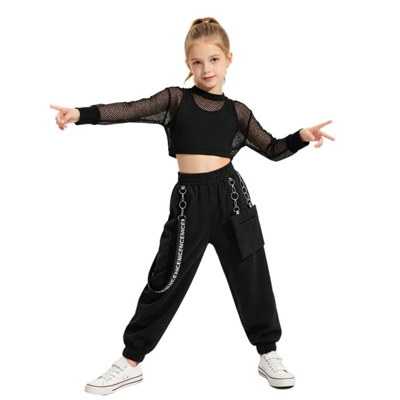 Aiihoo Kids Girls Sports Gymnastics Workout Hip-hop Jazz Outfits Sleeveless Vest with Cargo Pants and Crop Top for Dance Performance Black 10