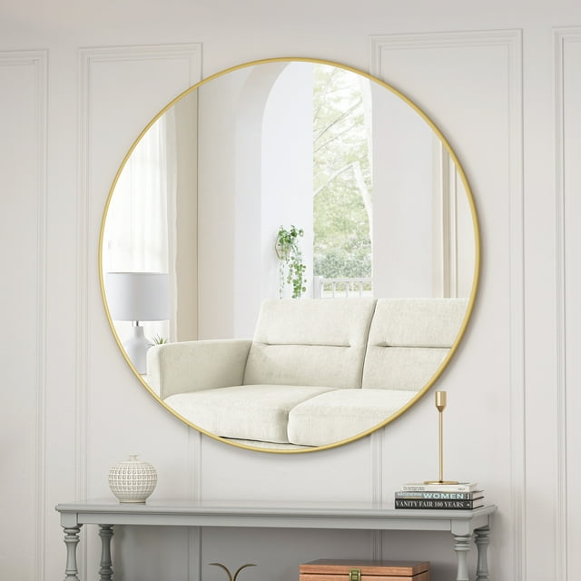 39 Inch Round Wall Circle Mirror,Gold Metal Framed WallMounted Hanging Mirror for Bathroom