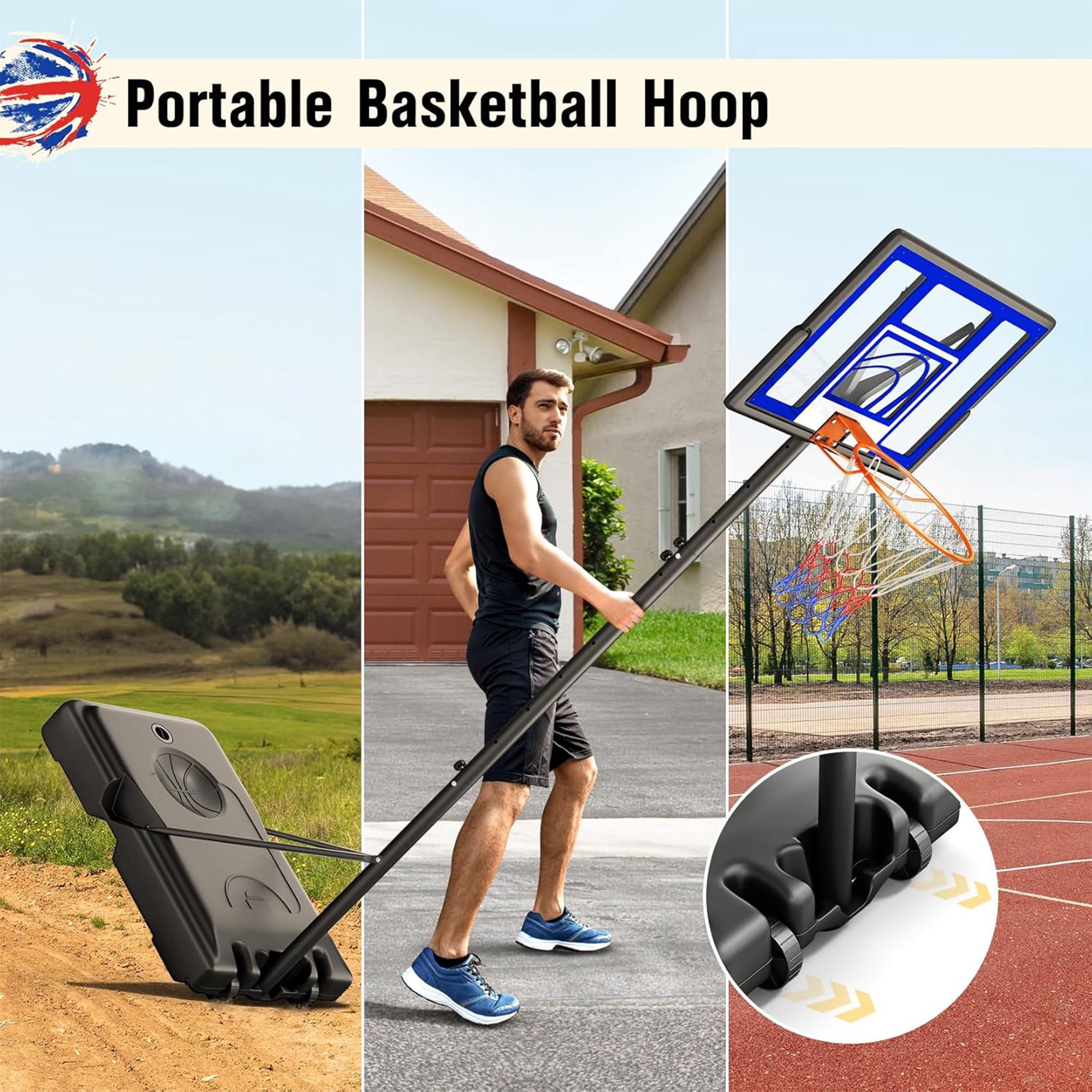 Toremore 44" Basketball Hoop Outdoor 4.43-10ft Adjustable, Portable Basketball Hoop Goal System with Shatterproof Backboard and Larger Base for Kids Youth and Adults, Blue