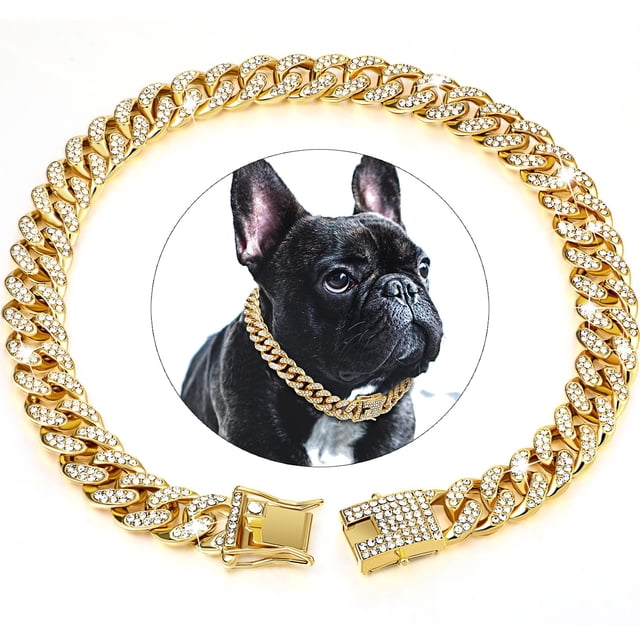 Dog Chain Diamond Cuban Collar Walking Metal Chain Collar with Design Secure Buckle Pet Cat Cuban Collar Jewelry Accessories LZ