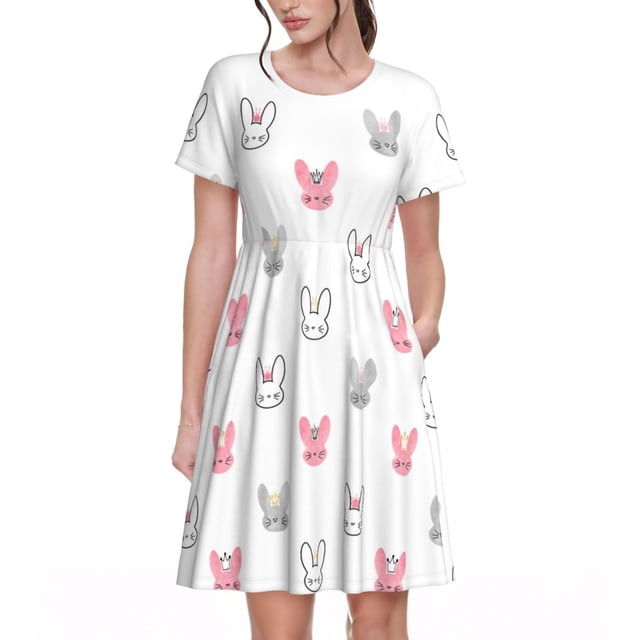 Balery Girl Rabbit Vestidos sueltos de manga corta para mujer, vestidos de verano 2025, vestidos casuales de corte A con vuelo.