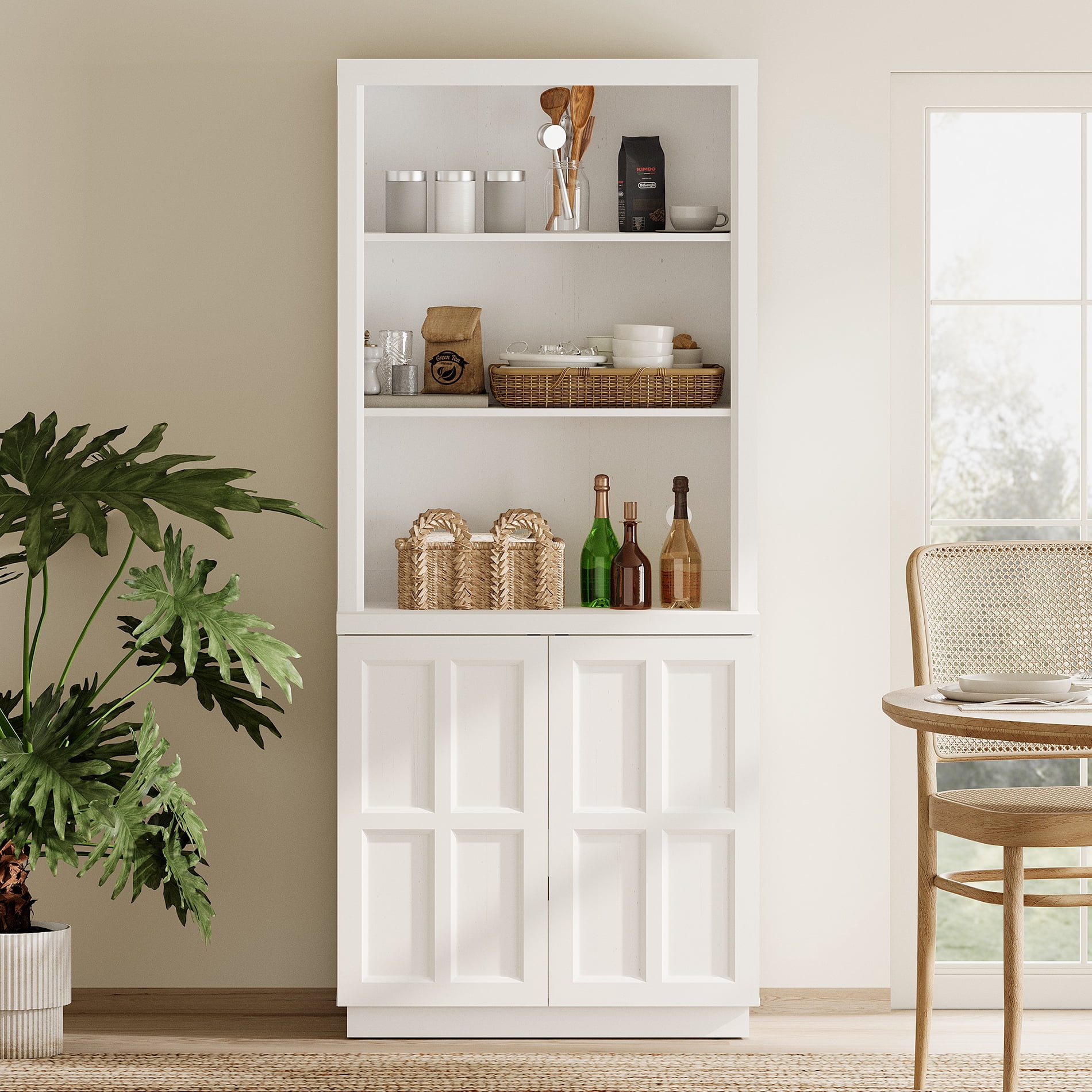 HOMOOI Freestanding Pantry Cabinet, Boho Rustic Hutch with Open Display Shelves & Adjustable Inner Shelves, Anti-Wobble Wooden Storage Organizer for Kitchen, Dining Room, Entryway,White