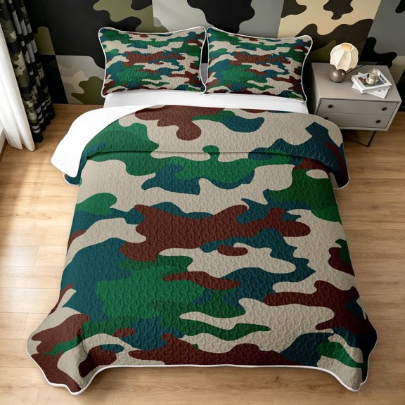 Manfei Minimalism Camouflage Twin Quilt Set, Countryside Camo Twin Coverlet Set, Green Beige, 2-Piece, 1 Bedspread and 1 Pillowcase