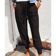 thumbnail image 3 of Pantalones de mujer Pantalones de cintura elástica con cordón y estampado de leopardo Pantalones de salón casuales sueltos con bolsillos Negro M, 3 of 6