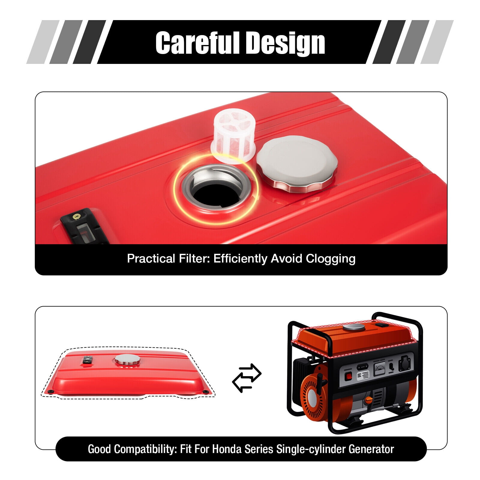 4 Gallon Red Universal Generator Gas Fuel Tank with Chrome Cap Gauge Petcock Valve Red