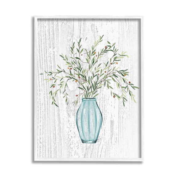 Stupell Industries Rustic Herbs Plants Budding Blue Glass Vase Graphic Art White Framed Art Print Wall Art, Design by Ziwei Li