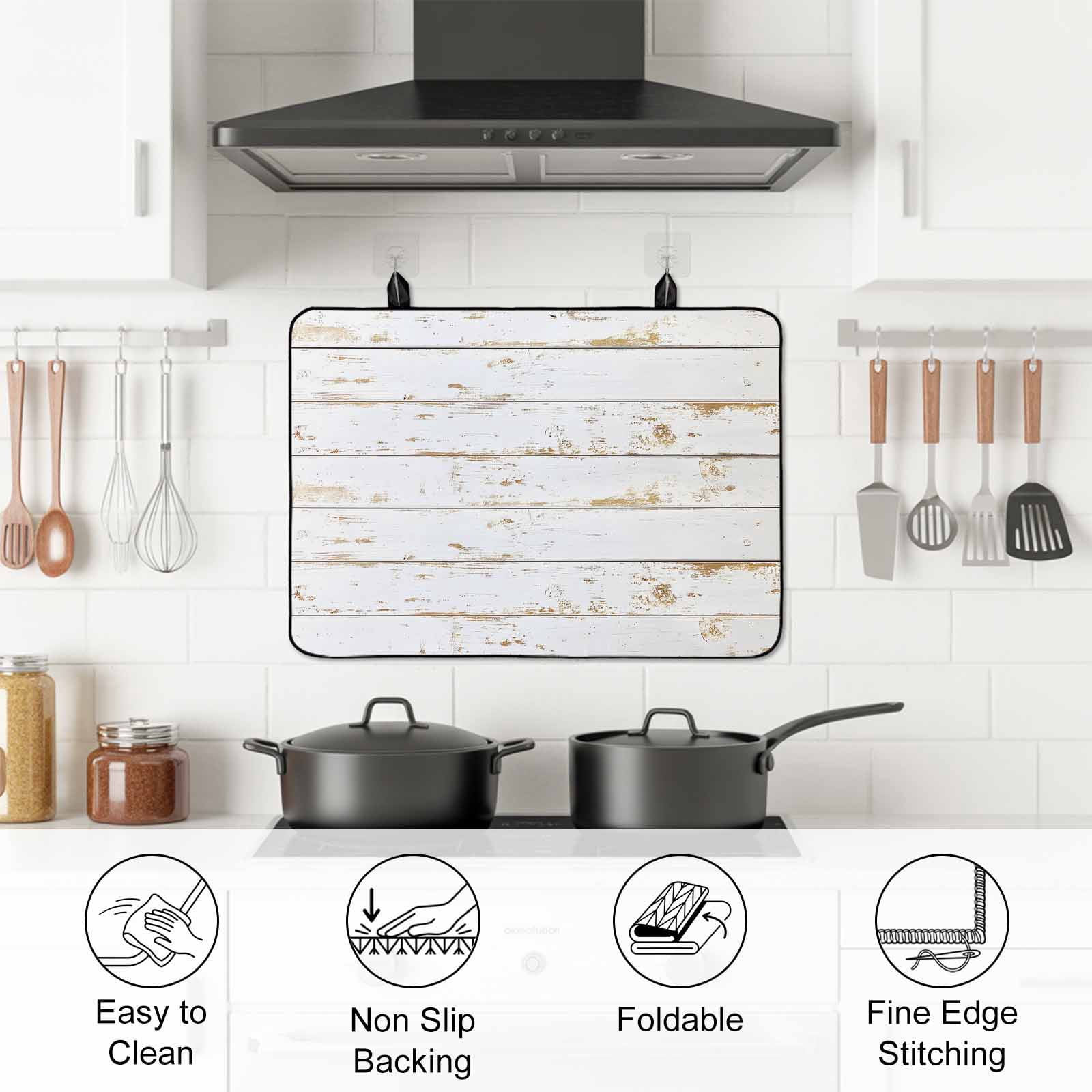 White Wooden Plank Stove Top Cover for Electric Stove, Heat-proof & Non Slip Glass Top Stove Cover Protector, Country Vintage Farmhouse Wood Grain Kitchen Flat Cooktop Rubber Mat 24x21 Inches