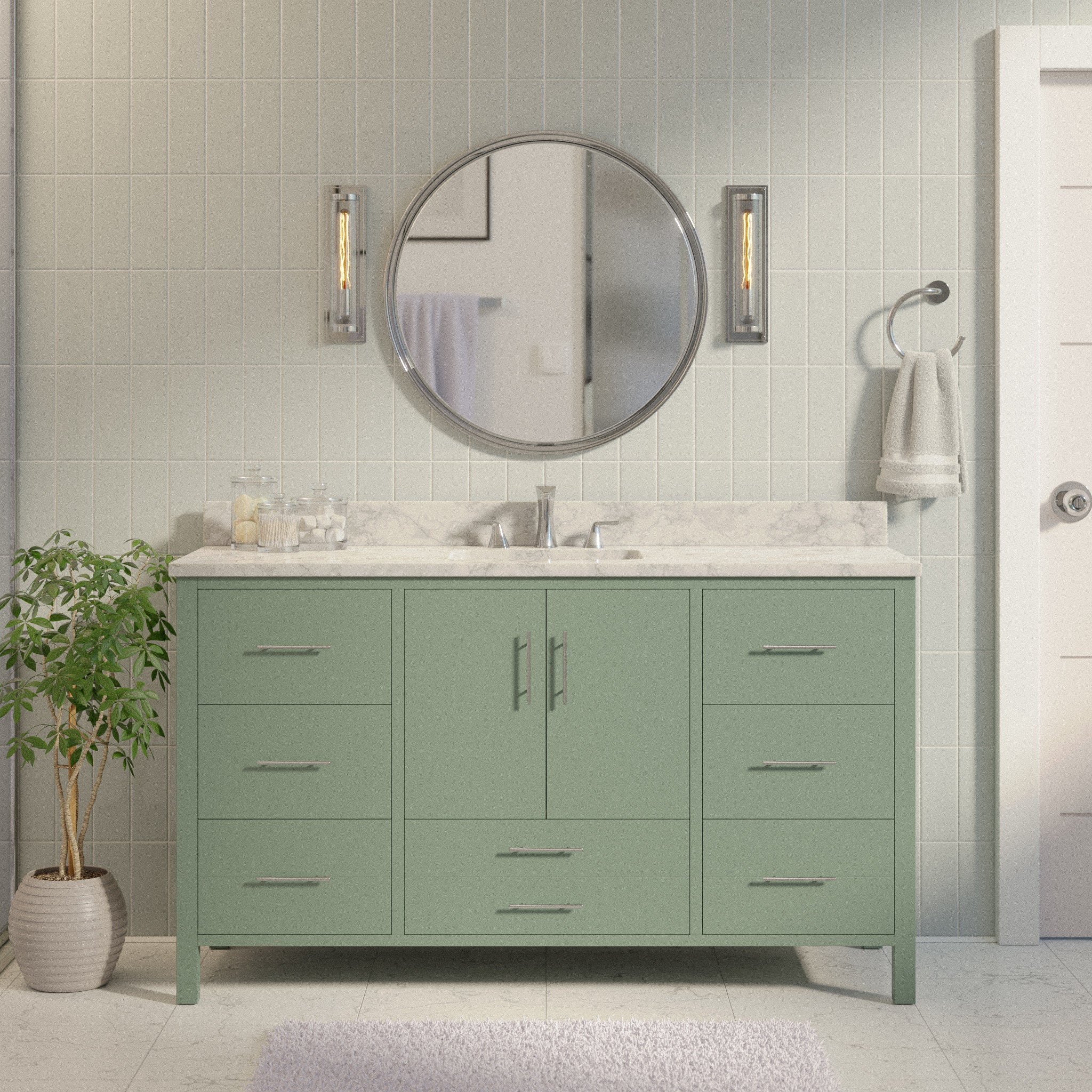California 60" Single Bathroom Vanity with Sage Green Cabinet and ...
