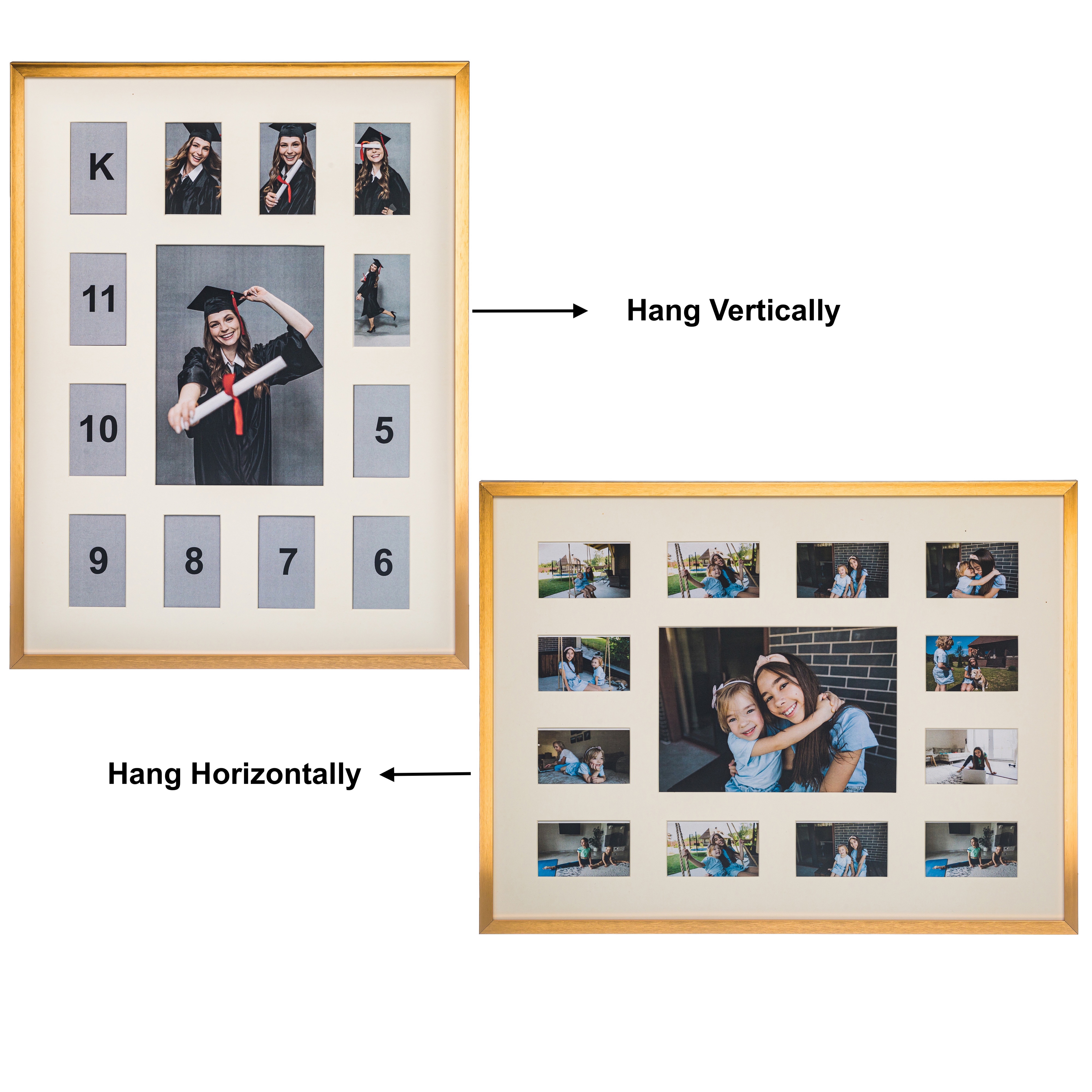 School Years Aluminum Metal Collage Picture Frame - Displays One 5x7 Photo and Twelve 2.5x3.5 Openings, K-12 Keepsake Gold