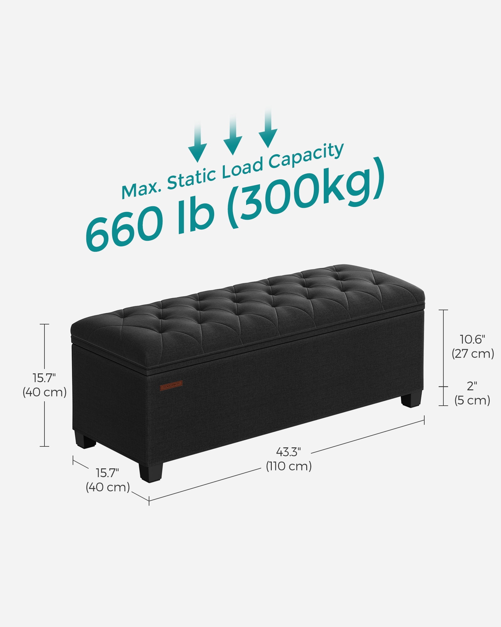 SONGMICS 43.3" Storage Ottoman Bench Hold up to 660lbs Bedroom Ottoman Bench Enough Storage for Bedroom Entryway Living Room Black