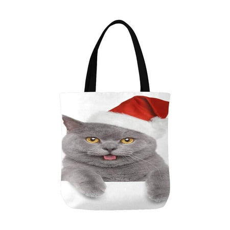 Reusable Shopping Bags Christmas ASHLEIGH British Cat in Christmas Red Hat Reusable Grocery Bags Shopping Bag Canvas Tote Bag Shoulder Bag ()