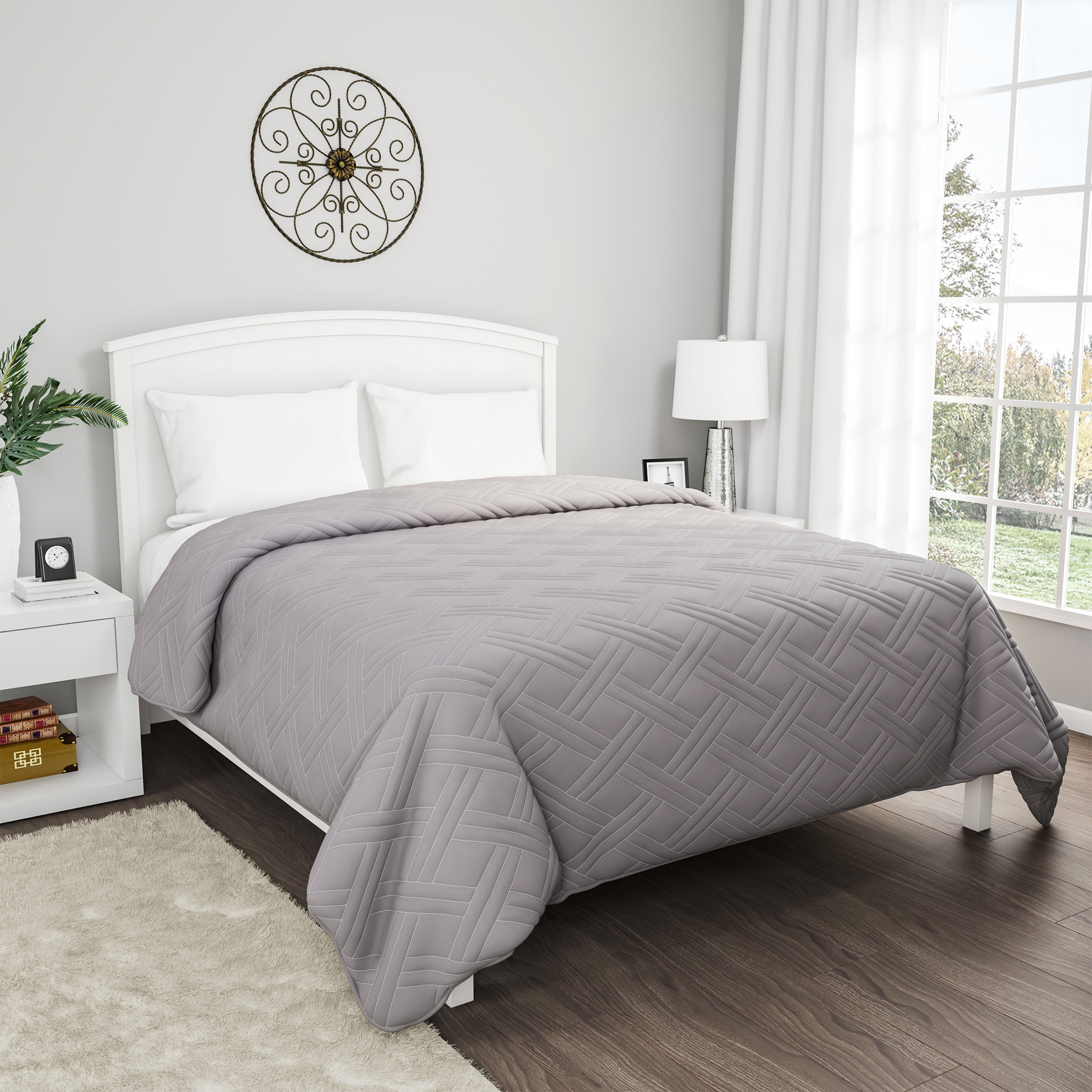Lavish Home Modern Quilted Bedspread Coverlet with Basket-Weave Design Polyester Twin Size Quilt Bedspread (Gray)