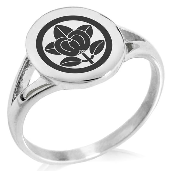 Stainless Steel Encircled Mandarin Kamon Crest Minimalist Oval Top Polished Statement Signet Ring