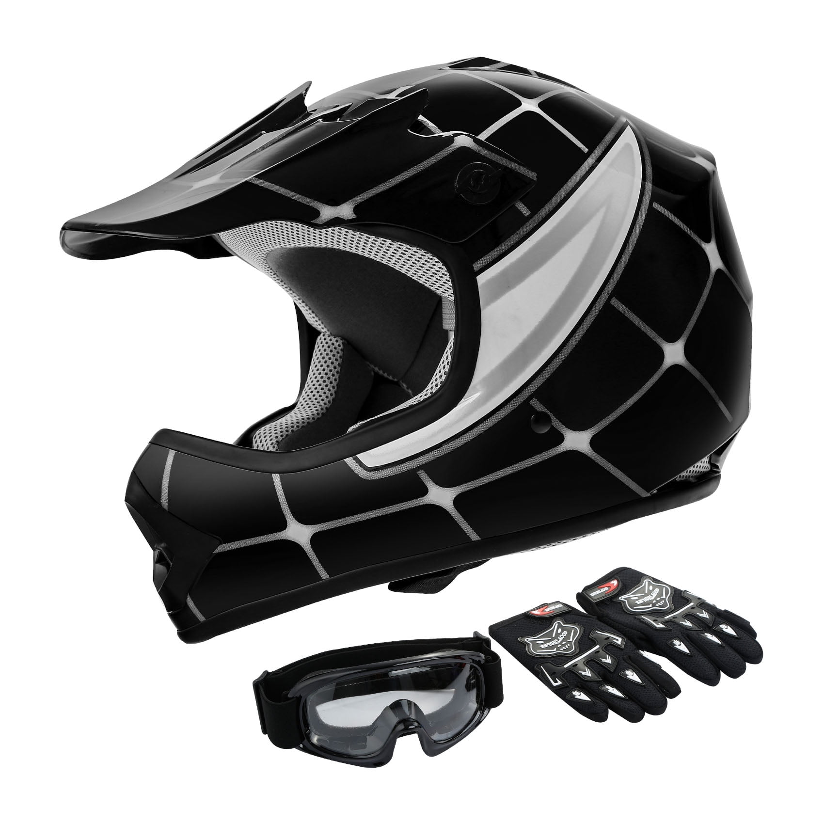 TCMT DOT Motorcycle Helmet for Kids Black Spider with Goggles & Gloves