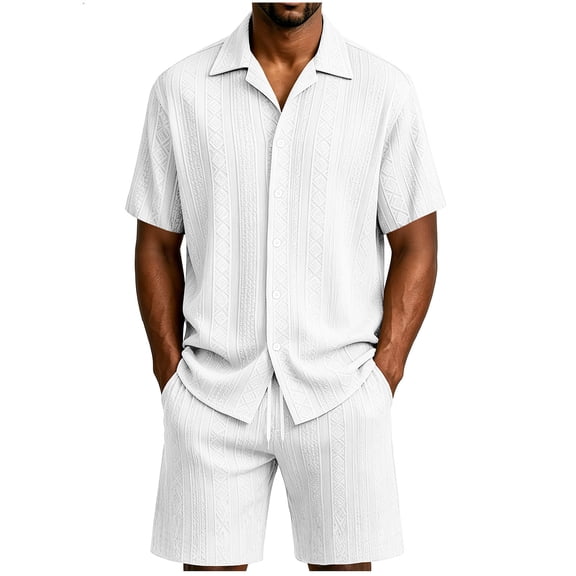 QSAWXQZ Men's Jacquard 2PC Button Down Set Lapel Short Sleeves Shirt Elastic Waist Shorts with Pockets Beach Outfit for Vacation M