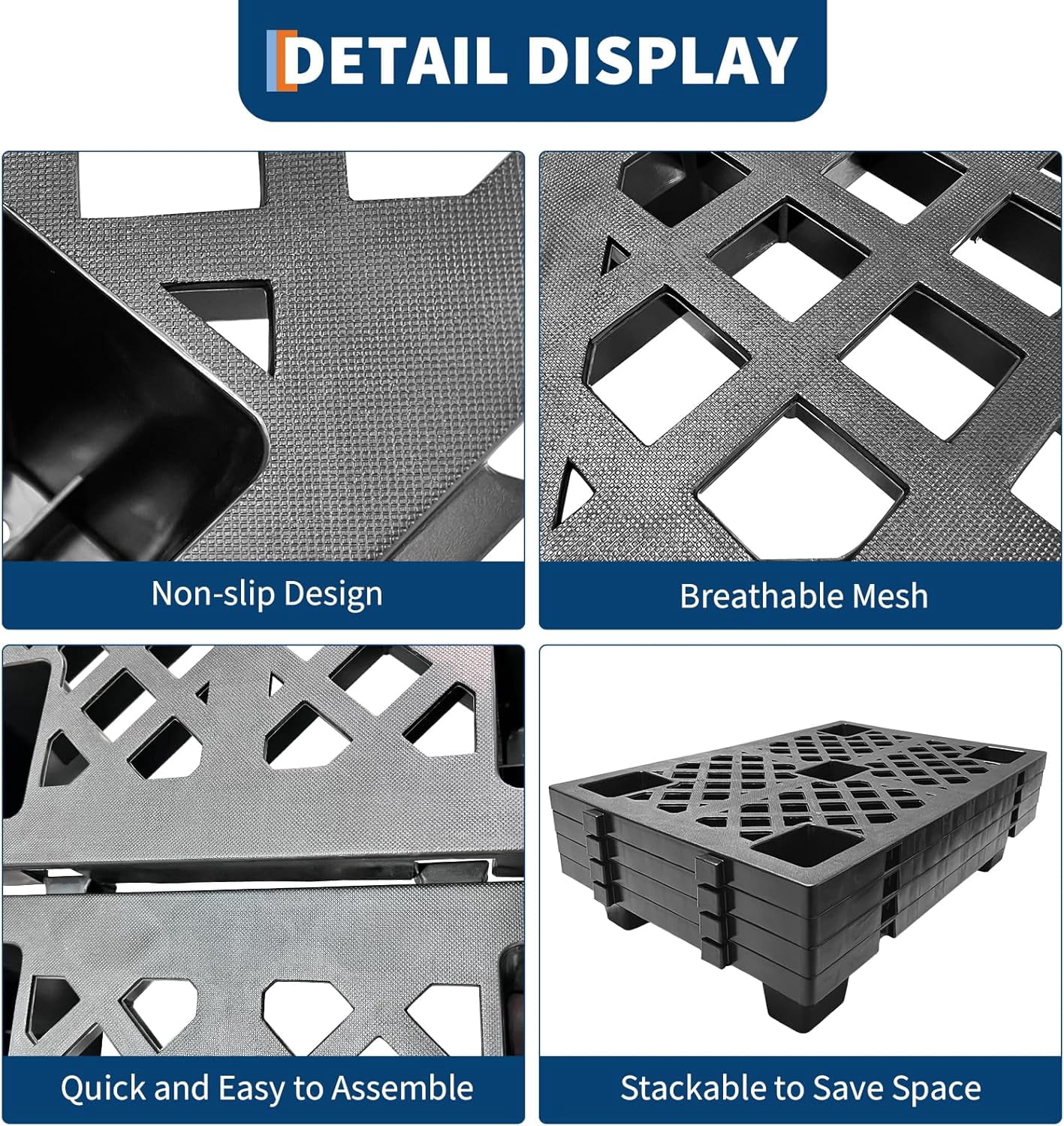 4 Pcs Lightweight Nestable Plastic Pallets - 23.6" x 15.8" Floor Pallets for Storage, Heavy Duty Waterproof with Ventilated Grids, Ideal for Warehouse, Garage, Basement, and Indoor Outdoor